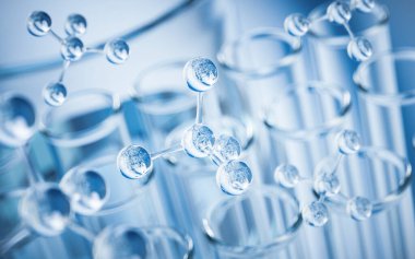 Laboratuvarda kimyasal cam eşyalar, 3D görüntüleme. Dijital çizim.