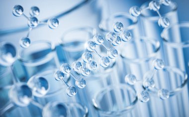 Laboratuvarda kimyasal cam eşyalar, 3D görüntüleme. Dijital çizim.