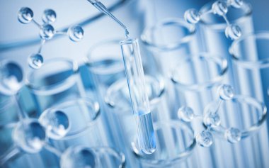 Laboratuvarda kimyasal cam eşyalar, 3D görüntüleme. Dijital çizim.