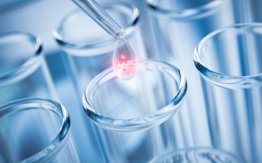 Laboratuvarda kimyasal cam eşyalar, 3D görüntüleme. Dijital çizim.