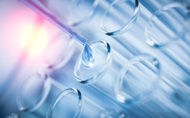 Laboratuvarda kimyasal cam eşyalar, 3D görüntüleme. Dijital çizim.