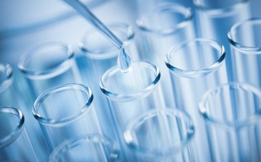 Laboratuvarda kimyasal cam eşyalar, 3D görüntüleme. Dijital çizim.