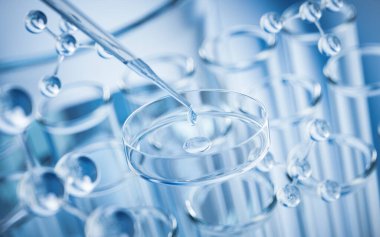 Laboratuvarda kimyasal cam eşyalar, 3D görüntüleme. Dijital çizim.