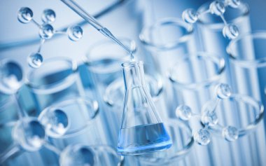 Laboratuvarda kimyasal cam eşyalar, 3D görüntüleme. Dijital çizim.