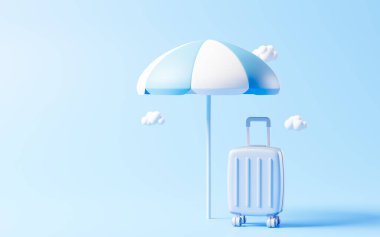 Seyahat temalı karikatür tarzı bavul, 3 boyutlu çizim. Dijital çizim.