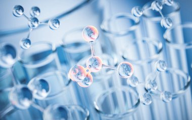 Laboratuvarda kimyasal cam eşyalar, 3D görüntüleme. Dijital çizim.