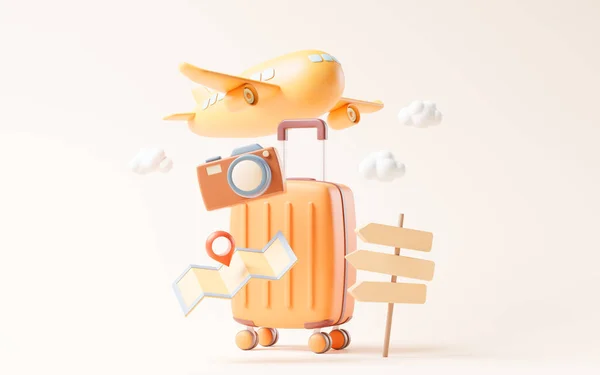 Cartoon style luggage with travel theme, 3d rendering. Digital drawing.