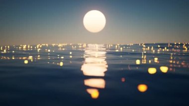 Parlayan parçacıklarla dalgalı gölün döngü animasyonu, 3D görüntüleme.