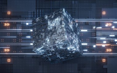 Circuit board and electrical chip core, 3d rendering. Digital drawing.