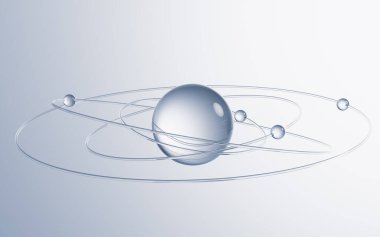 Transparent ball with rings surrounded, 3d rendering. Digital drawing.