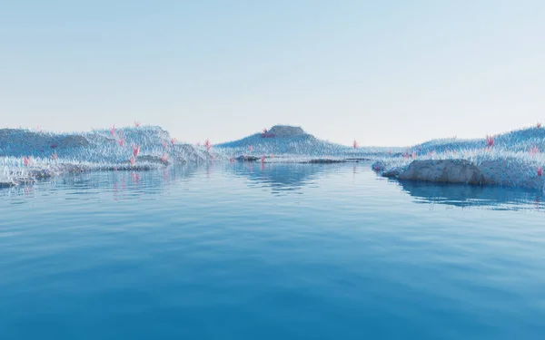 湖で青い草原 3Dレンダリング デジタルドローイング — ストック写真