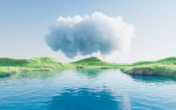 Yeşil Çayırlar Bulutlu Göller Boyutlu Görüntüleme — Stok fotoğraf