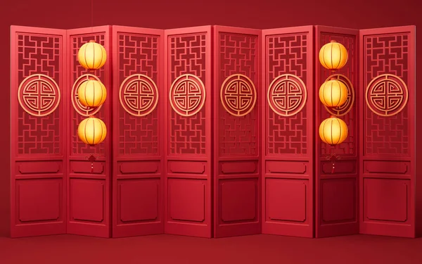 Gammel Kinesisk Dør Med Glødelamper Rendering Digital Tegning – stockfoto
