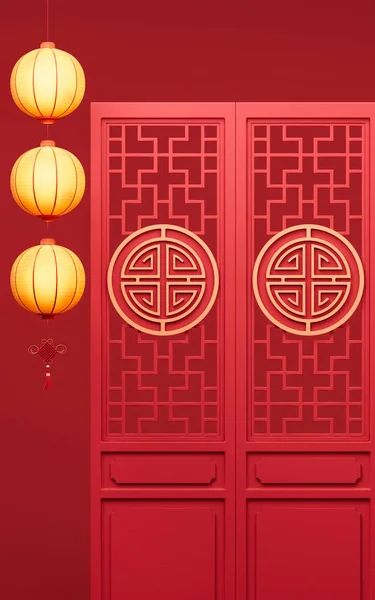 Gammel Kinesisk Dør Med Glødelamper Rendering Digital Tegning – stockfoto
