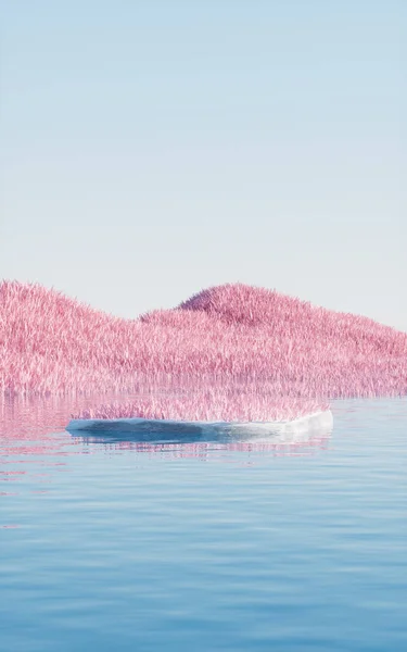 Pembe Çayırları Gölleri Olan Rock Ürün Sahnesi Görüntüleme Dijital Çizim — Stok fotoğraf