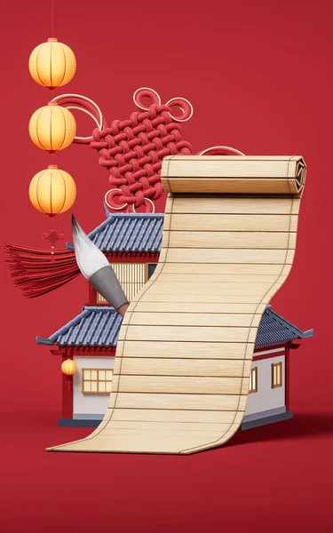 Retro Chinese Acient Bamboo Slip Рендеринг Цифровий Малюнок Стокова Картинка