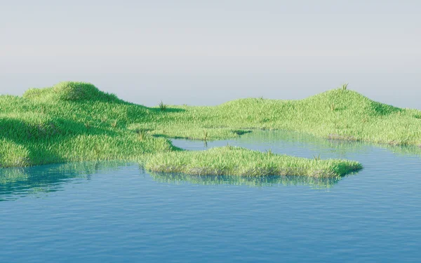 Zelená Louka Jezery Vykreslování Digitální Kresba — Stock fotografie