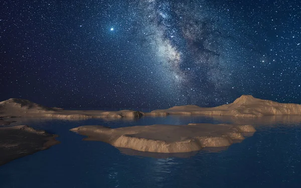 Soil land and lake with milky way at night, 3d rendering. Digital drawing.