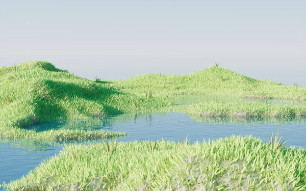 Green grassland with lakes, 3d rendering. Digital drawing.