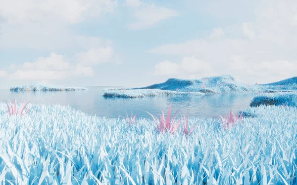 Göl Kenarlı Mavi Çayırlar Boyutlu Görüntüler Dijital Çizim — Stok fotoğraf