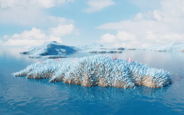 Biru Padang Rumput Dengan Danau Rendering Gambar Digital Stok Gambar Bebas Royalti