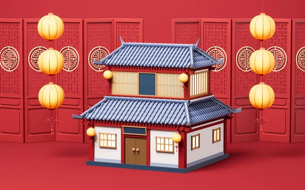 Chinesisches Antikes Gebäude Mit Retro Stil Rendering Digitale Zeichnung lizenzfreie Stockbilder