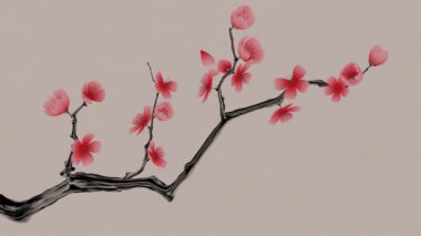 Çin mürekkebi boyama tarzıyla erik çiçeği, 3 boyutlu..