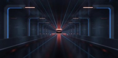 Teknoloji yapısına sahip karanlık bir tünel, 3D görüntüleme.