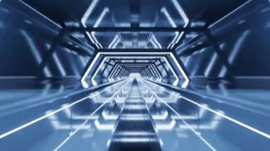 Teknoloji yapısına sahip karanlık bir tünel, 3D görüntüleme.