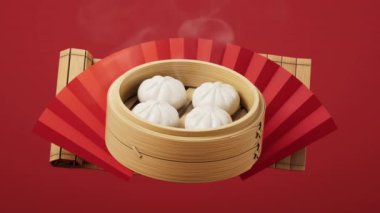 Çin yemeği baozi 'si, yemek buharlı, 3 boyutlu..