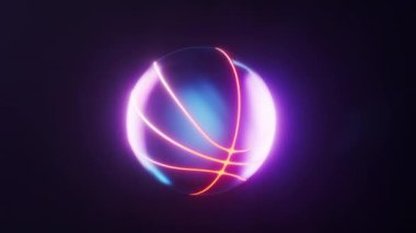 Koyu neon ışıklı basketbolun döngü animasyonu, 3D görüntüleme.