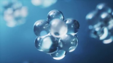 Koyu mavi arkaplanlı fizik atomu, 3D görüntüleme.