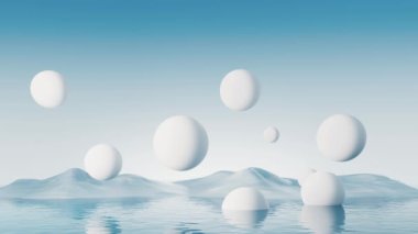 Yüzen toplar ve su yüzeyi arkaplanı, 3D görüntüleme.