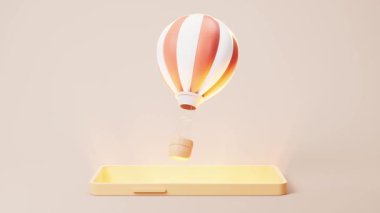 Üzerinde uçan sıcak hava balonu olan cep telefonu animasyonu, 3D görüntüleme.
