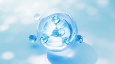 Mavi sıvı molekül ve su kabarcıkları, 3D görüntüleme.