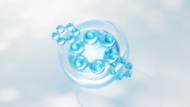 Mavi sıvı molekül ve su kabarcıkları, 3D görüntüleme.