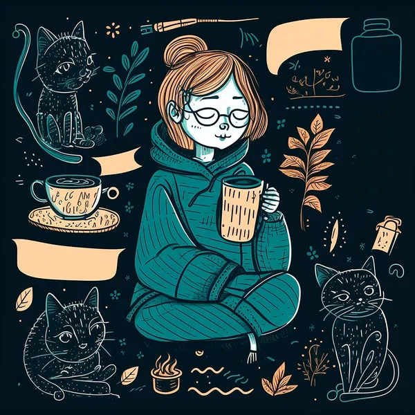 Girl, coffee and cat. Girl with a cat drink coffee. Illustration, sketches, doodles, comics.