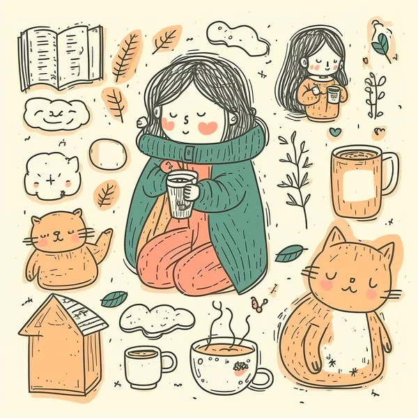 Girl, coffee and cat. Girl with a cat drink coffee. Illustration, sketches, doodles, comics.