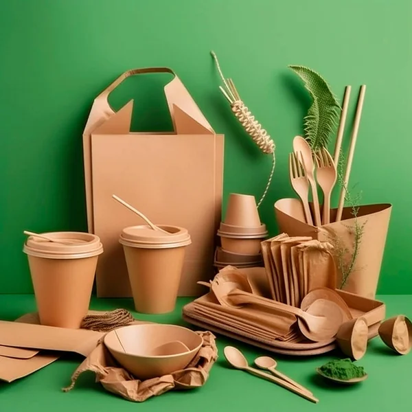 Earth Day. Eco-friendly tableware. No, plastic. A set of eco-friendly utensils and kraft paper food packaging on a green background. Paper packaging for street food - cups, plates,