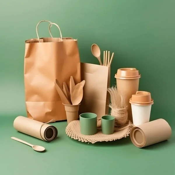 Earth Day. Eco-friendly tableware. No, plastic. A set of eco-friendly utensils and kraft paper food packaging on a green background. Paper packaging for street food - cups, plates,