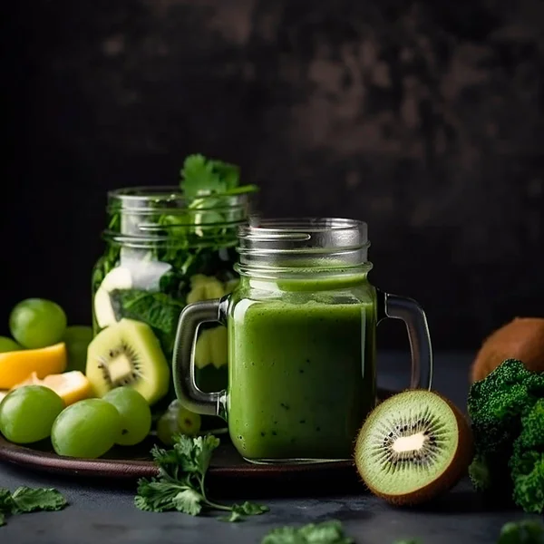 Fresh green fruit and vegetable smoothie for a healthy lifestyle and diet drink ingredients (spinach, green apple, cucumber, oatmeal, kiwi). Healthy food, healthy lifestyle.