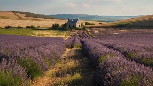 Lavender fields, hills and a country house. background. overall plan. panorama.