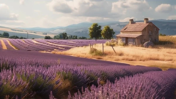 Lavender fields, hills and a country house. background. overall plan. panorama.