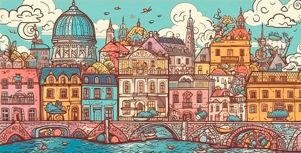 Old city. Sketch, doodle. Colorful postcard. Stylized postcards. Tourist places.