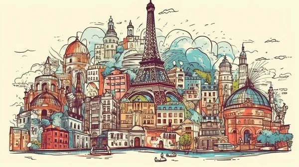 Old city. Sketch, doodle. Colorful postcard. Stylized postcards. Tourist places.