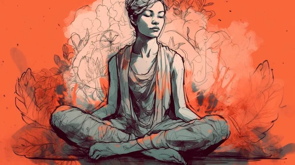 Illustration, sketch, doodle. Spiritual practices such as massage, meditation, yoga. A human in harmony with himself