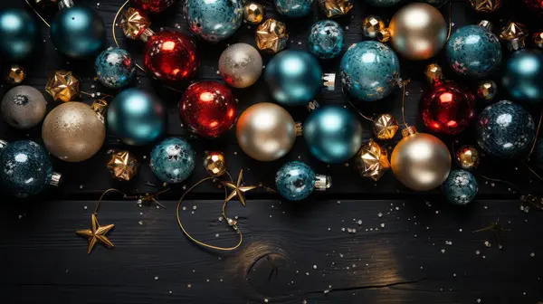 Festive flat background: Flat background using various Christmas decorations. Space in the centre for product or text placement.