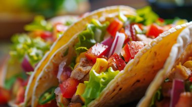 Taco 'nun yakın görüntüsü, lezzetli Meksika lezzeti, lezzet ve baharatla dolu.
