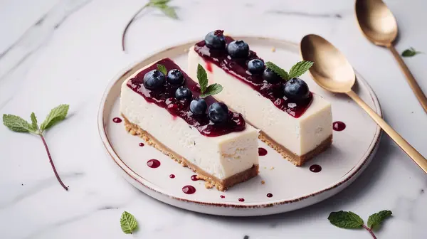 Dilimlenmiş lezzetli cheesecake 'in yakın görüntüsü, altın kaşıkla reçel kaplı, nane yapraklarıyla süslenmiş, beyaz desenli arka planda servis edilen,.