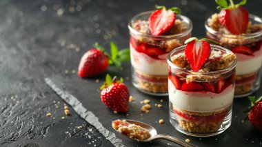 Cam kavanozda katmanlar halinde servis edilen çilekli cheesecake 'in yakın görüntüsü